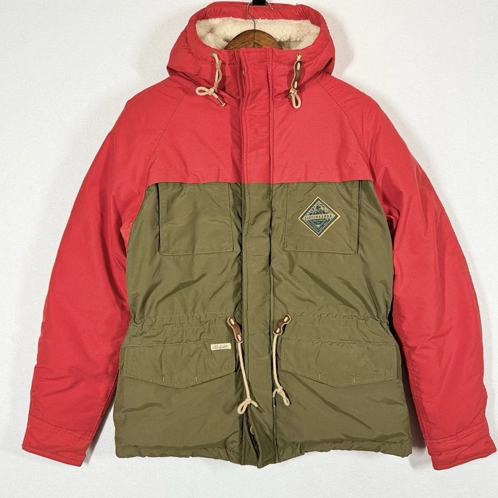 Scotch & Soda Hooded Puffer Jacket Mens S Red Green Sherpa Lined Parka